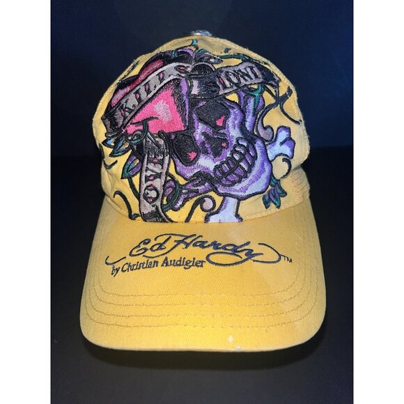 Ed Hardy By Christian Audigier Skull Hat Ball Cap Yellow Embroidered Snap Back - Picture 1 of 8